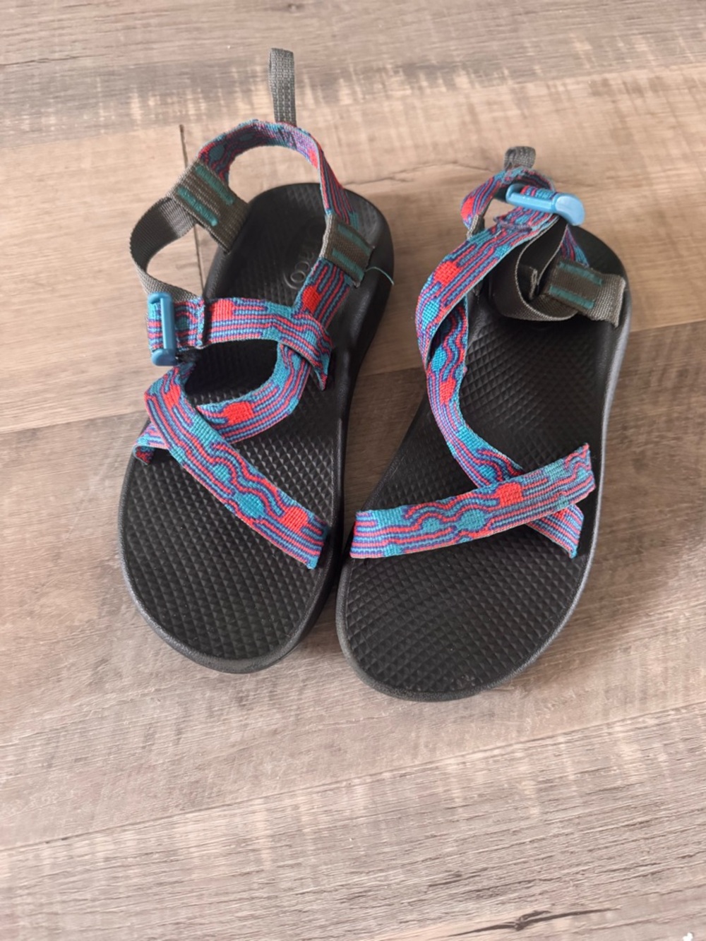 Chacos Colorful Strappy Outdoor Sandals - Black Sole with Blue & Red Webbing
